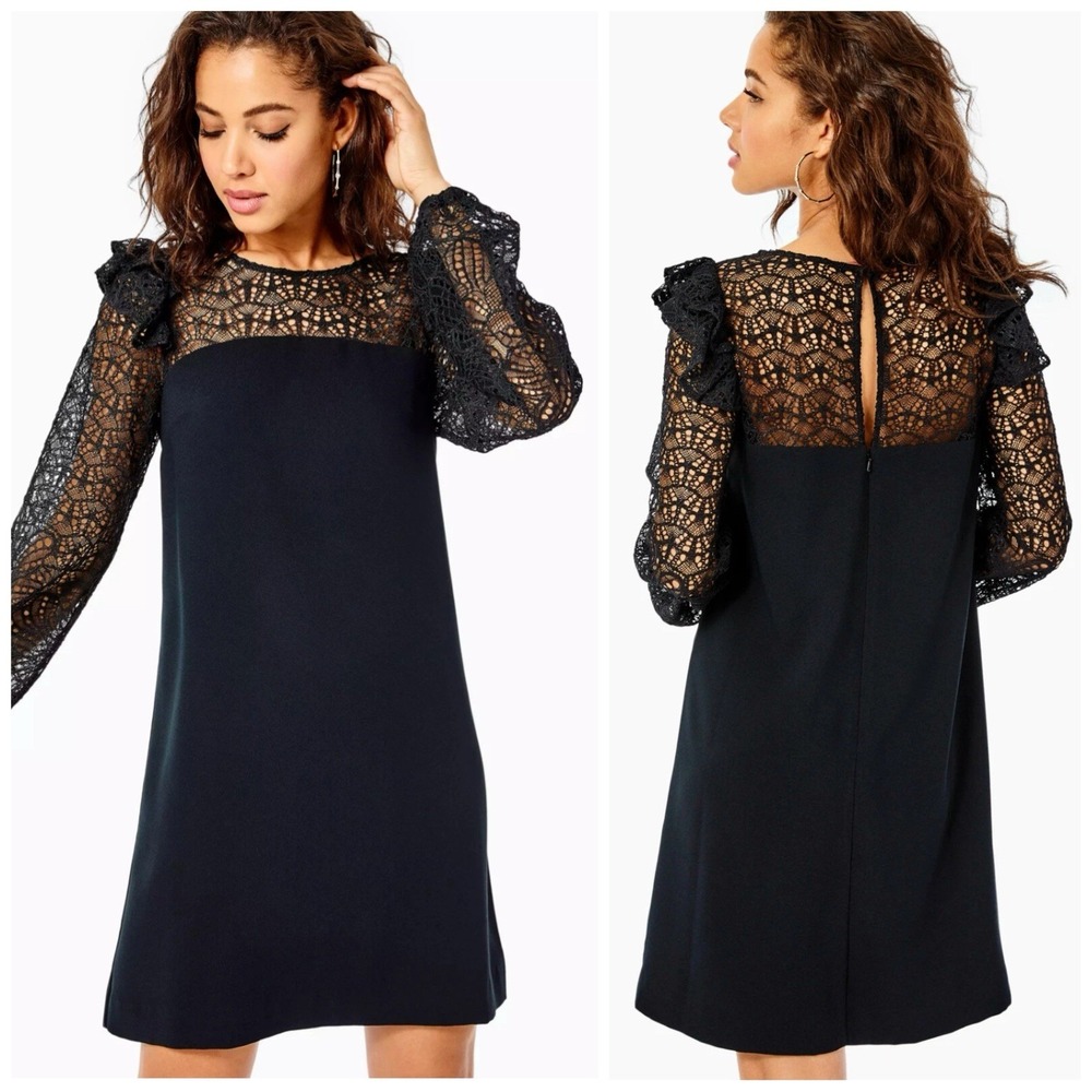 Lilly Pulitzer Black Shift Dress Lace Top & Sleeves Ruffle LBD Women's 0 XS